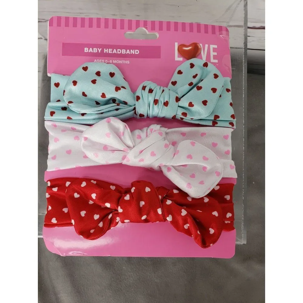 Infant Baby Soft Valentines Hearts Headband‎ Bow 3 Pack heart pink blue red